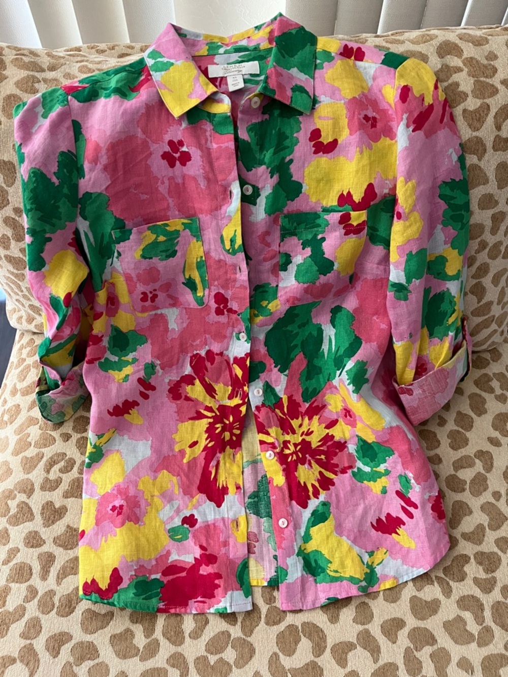 Charter Club Linen Floral Button-Up in Pink, Yellow & Green